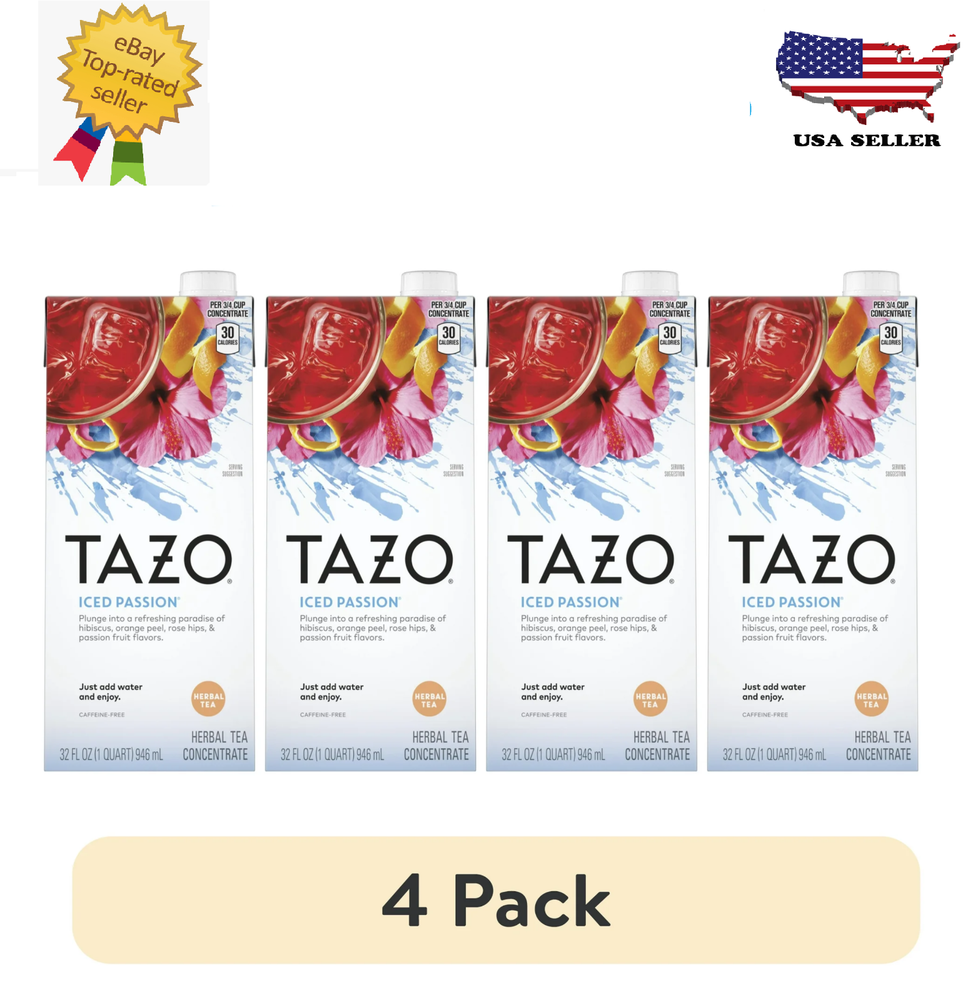 TAZO Iced Passion Herbal Tea Concentrate – 4 Pack, 32 oz Cartons for Refreshing,