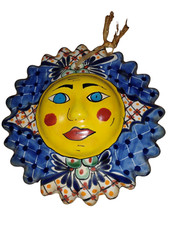 Colorful Mexico Glazed Clay Pottery Folk Art Sun Face Sculpture Wall Hanging 9"