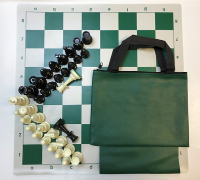 Chess Set Combo: Green Bag w/ Loop, Board & 3 3/4'' King Pieces - FREE SHIP
