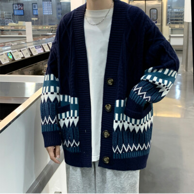 Mens Knitted Jumper Cardigan Sweater Japanese Ethnic Thermal