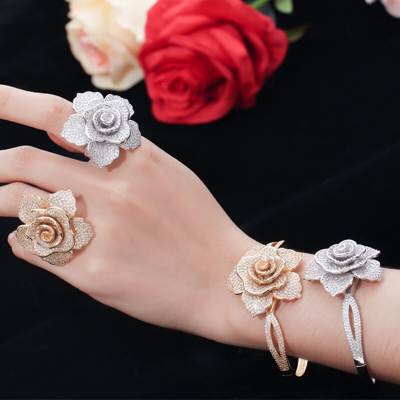 Women Gold Plated Cuff Flower Bangle Bracelet Ring CZ Zircon Wedding Jewelry Set