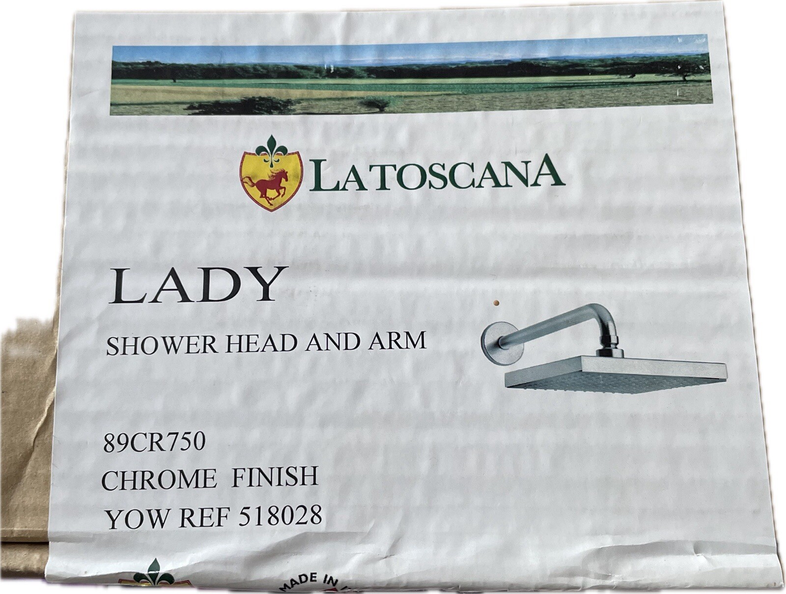 NIB LATOSCANA LADY 89CR750 Square 8” Chrome Shower Head And Arm Made In Italy