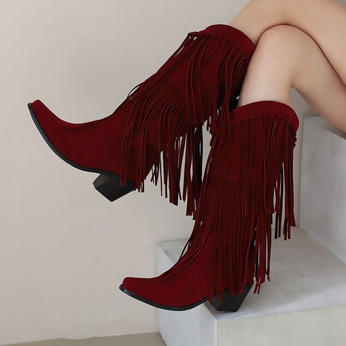 Womens Knee High Boots Mid Chunky Block Heels Tassels Western Riding Boot Autumn - Imagen 4 de 29