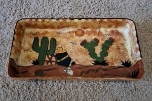 30's to 1940's Handpainted Mexican Folk Art Ceramic Dish 12" x 6" x 2"