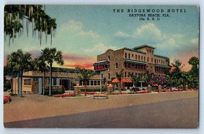 1940 Daytona Beach Florida FL Postcard Ridgewood Hotel Grill Shopping District