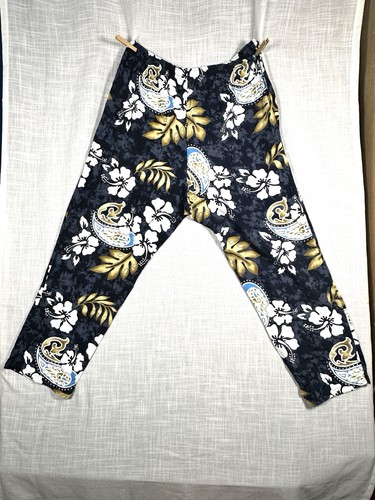 Vintage Paradise Gold Sz XL Rayon Blue Floral Drawstring Pants Hawaiian - Picture 5 of 9
