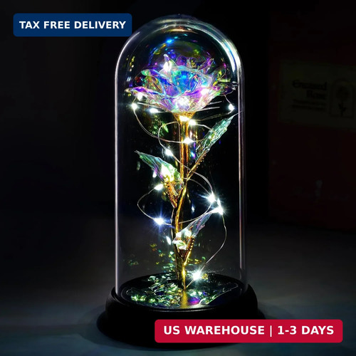 Katchon, Galaxy Glass Rose in Glass Dome - Light up Crystal Rose Forever Flower