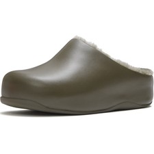 FITFLOP Shuv Shearling Leather Deep Olive/Rose Cream Mules ABN-E60