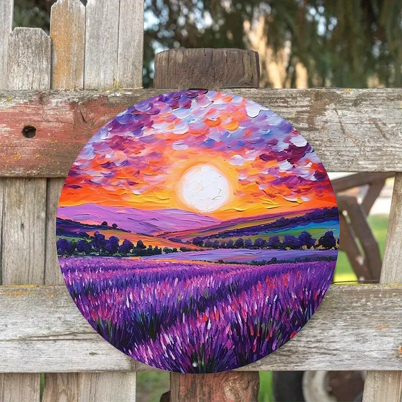 Provence Lavender Field Sunset Round Aluminum Art 8x8Inch