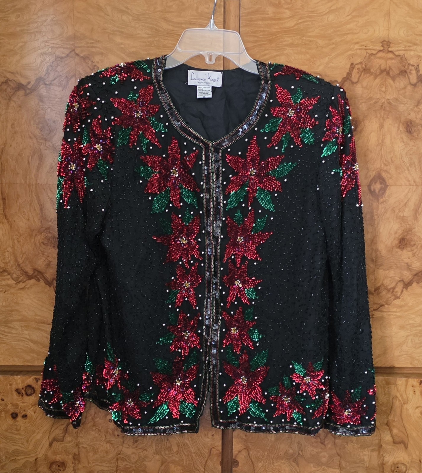 LAWRENCE KAZAR SILK & BEADED POINTSETTIA JACKET ~ XL
