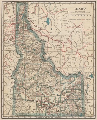 Idaho State Karte zeigt Eisenbahnen. POATES 1925 alte antike Planenkarte