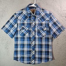 Wrangler Retro Western Shirt Men Small Pearl Snap Short Sleeve Blue White Plaid