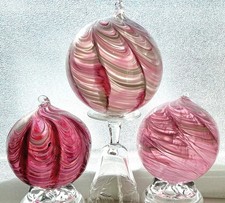 3 Large Hand Blown Art Glass Ornaments 4.5-5” Swirl Drape Round Ball Hanging Lot