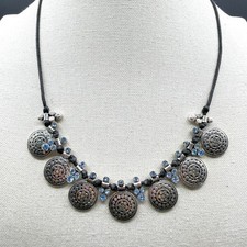 Necklace Silver Tone Blue Rhinestone Coin Medallion Bib Boho Statement Festival