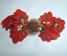 VINTAGE GOLDEN FLOWER RED LEAF HAIR BARRETTE