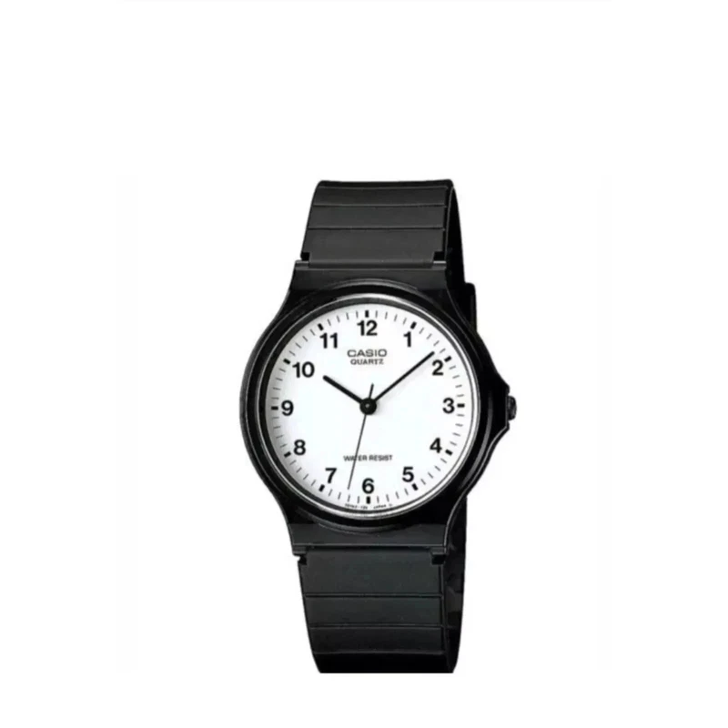 Casio MQ-24-7BLL black resin analog with a white dial and arrow markers