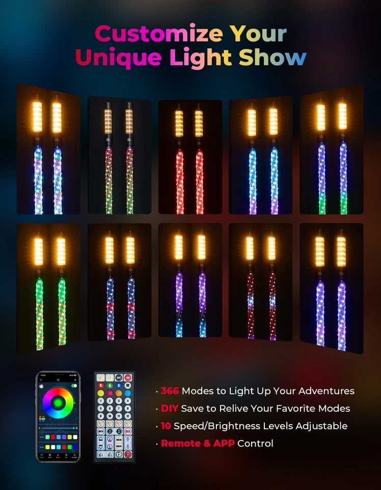 Luces de látigo LED RGB espiral de 3 pies antena persecución con iluminación estroboscópica y bases de resorte Foto 4 de 4