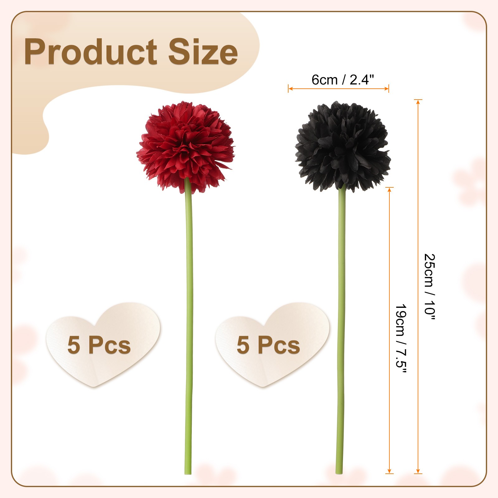 10pcs Artificial Chrysanthemum Ball Flowers Faux Mum Flower Bouquet, Red/Black