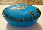 Antique Oval Blue Opaline Milk Glass Trinket Cosmetic Box hand painted 1915