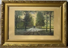 1940’s European Oil On Paper Tree Lined Landscape Horse Cart Ornate Gold Frame