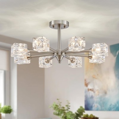 XINGQI 8-Light Brushed Nickel Modern Sputnik Chandeliers Semi Flush Mount Ceilin