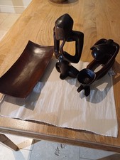 Hand Carved African Wooden Sculptures & Tray – Kenyan Village Art Figures Set