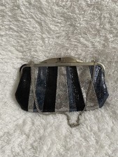 NEXT Evening Clutch Bag-Silver, Black & Blue Striped Glitter Design with Chain