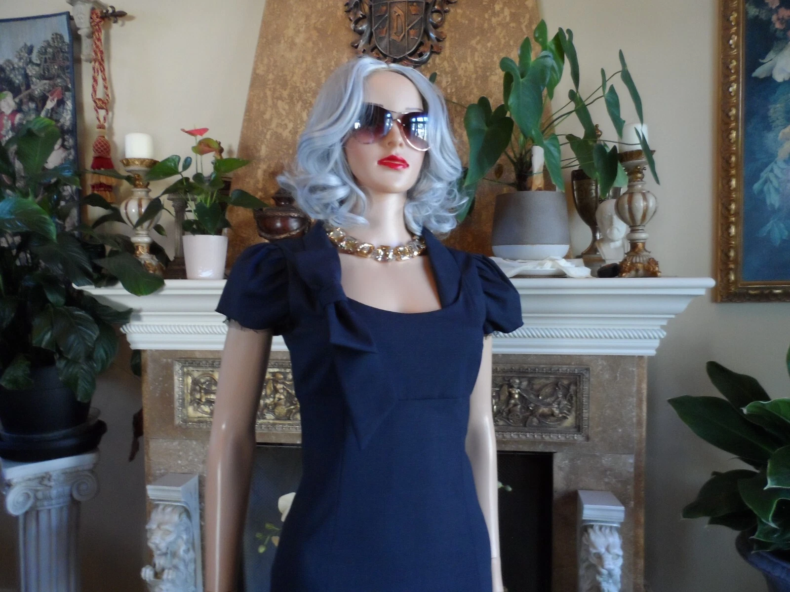 Abito tubino rosso Valentino blu navy lana vergine con dettaglio fiocco taglia US 4