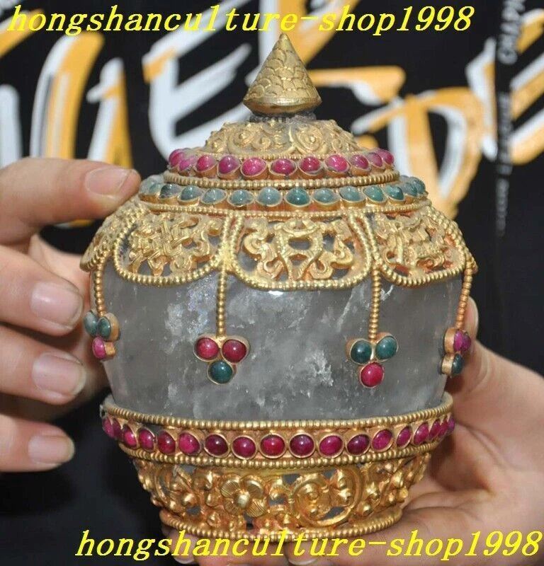 5,2" Tibete antigo budismo cristal prata filigrana incrustada gema pote tanque Crock - Imagem 3 de 4