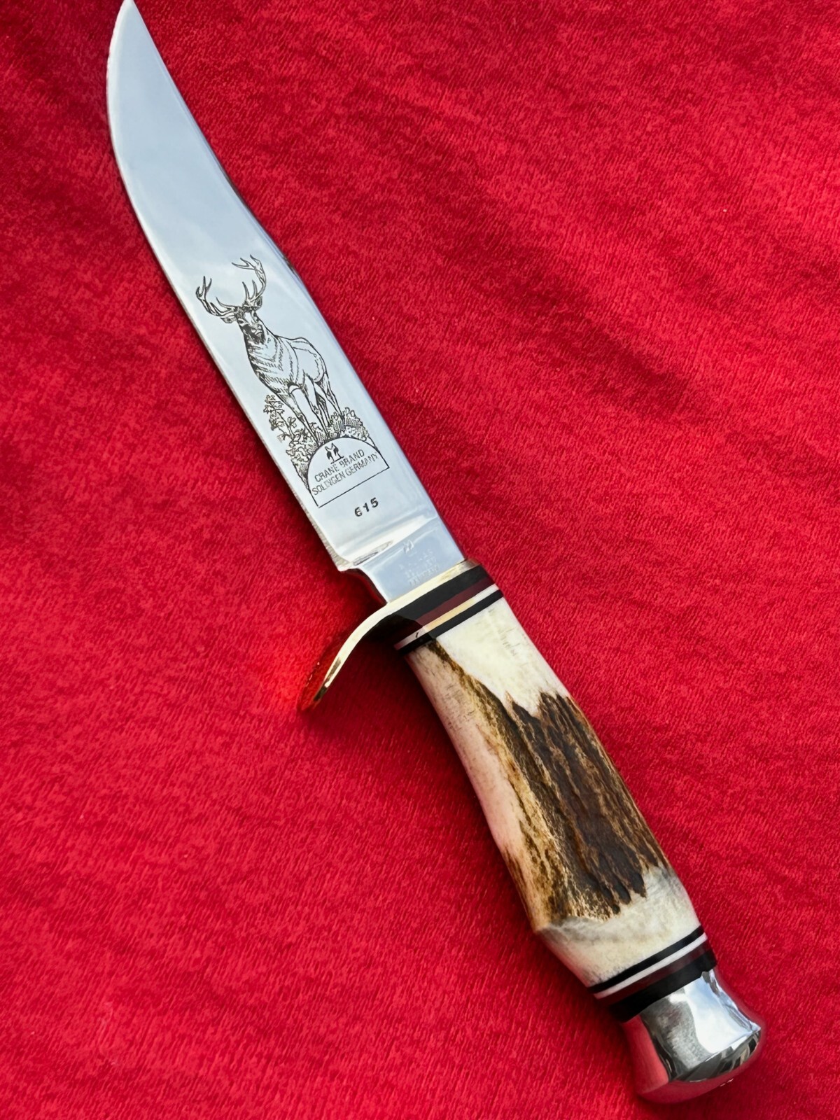 Kissing Crane Hunting Knife STAG Handle German Made MINT w/ Sheath 7 5/