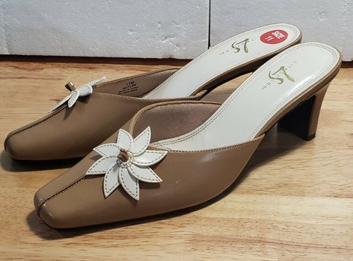 💥💥💥Life Stride Womens Tan Floral Leather Square Toe Slip On Mule Heels 11M - Picture 3 of 9