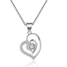 Dancing Sterling Silver Cubic Zirconia Love Heart Halo Pendant Necklace Gift Box