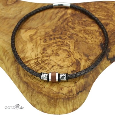 Leder-Kette/Halsband Dunkelbraun mit Firestone-Beads Edelstahl m. Holzeinlage - Bild 1 von 4