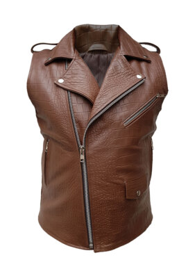 Echte ärmellose braune Herren-Bikerweste aus Alligatorleder/Krokodilleder Brando-Stil