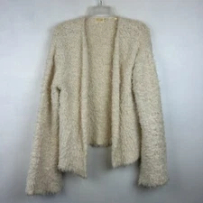 Nation Los Angeles Sweater Women L Open Cardigan Ivory Bell Sleeve Fuzzy Hipster