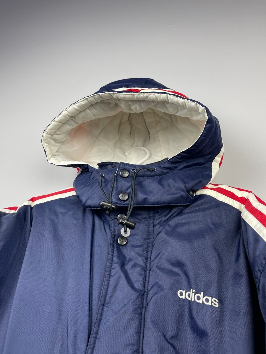Vintage Adidas Parka Soccer Long Hooded Jacket Blue Logo L