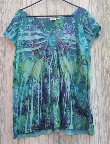 Cato Brand Women Plus Size Top Size 18/20W Short Sleeve Blue, Green...W/ Beads - Picture 6 of 7