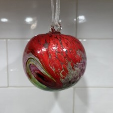 Handblown Glass Ball Ornament Round Clear, Red And White 4  Beautiful 