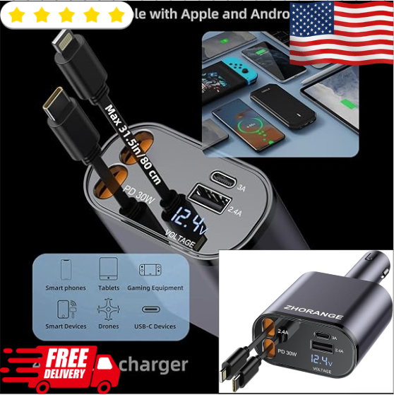 120W Retractable 4-in-1 Fast Car Charger with USB-C Cable  