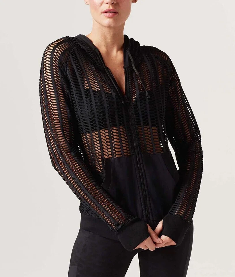 BLANC NOIR Linear Mesh Front Zip Hoodie Jacket in Black Women's Size XS NWT $119 - Image 4 of 4