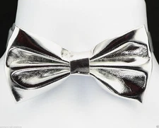 Faux Leather Men's Bowtie Adjustable Wedding Metallic Fashion Silver Bow Tie 