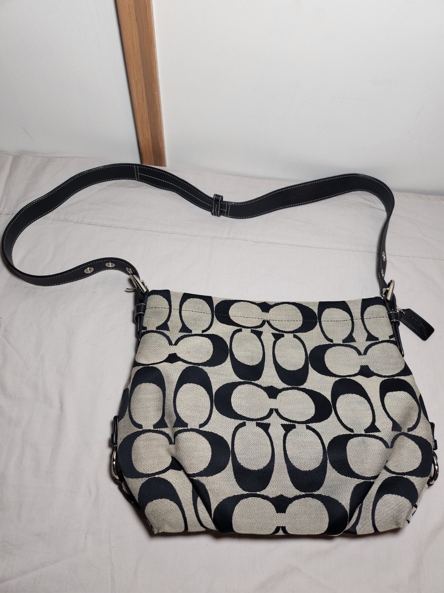 Coach Shoulder Bag Signature Black Pattern Black Strap Silver
