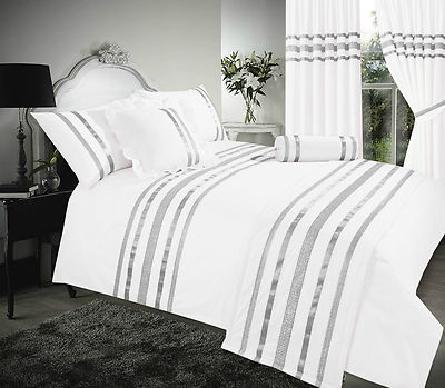 SUPER KING/EXTRA GROSS WEISS/SILBER BAND 200 FADENZAHL HOTELQUALITÄT BETTWÄSCHESET