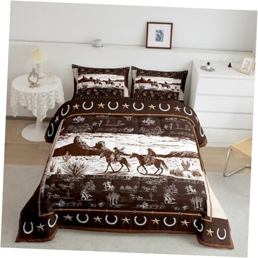 Western Comforter Set Size Horse Cowboy Bedding Set for Boys King Summer Tan