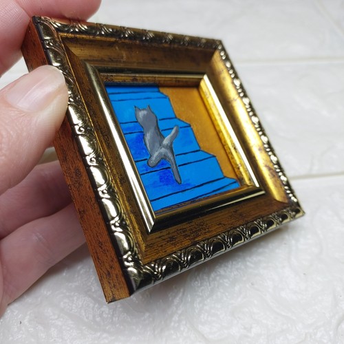 Graue Katze Gemälde Gerahmt Original Kunst Lustiges Kätzchen Handarbeit Kunst Mini Gemälde - Bild 10 von 11