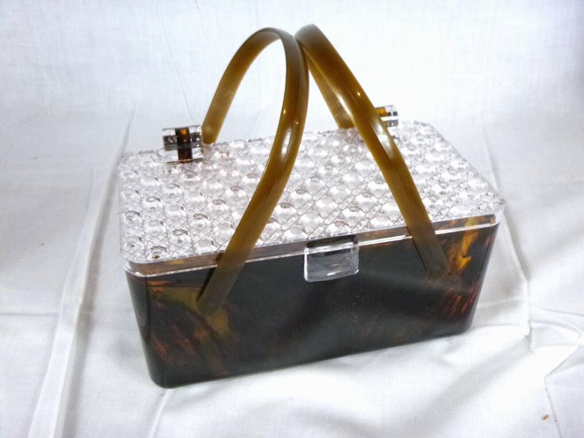 VTG 60s Lucite Acrylic Box Purse Bag Brown Faux Tortoise Clear Top  Starbursts