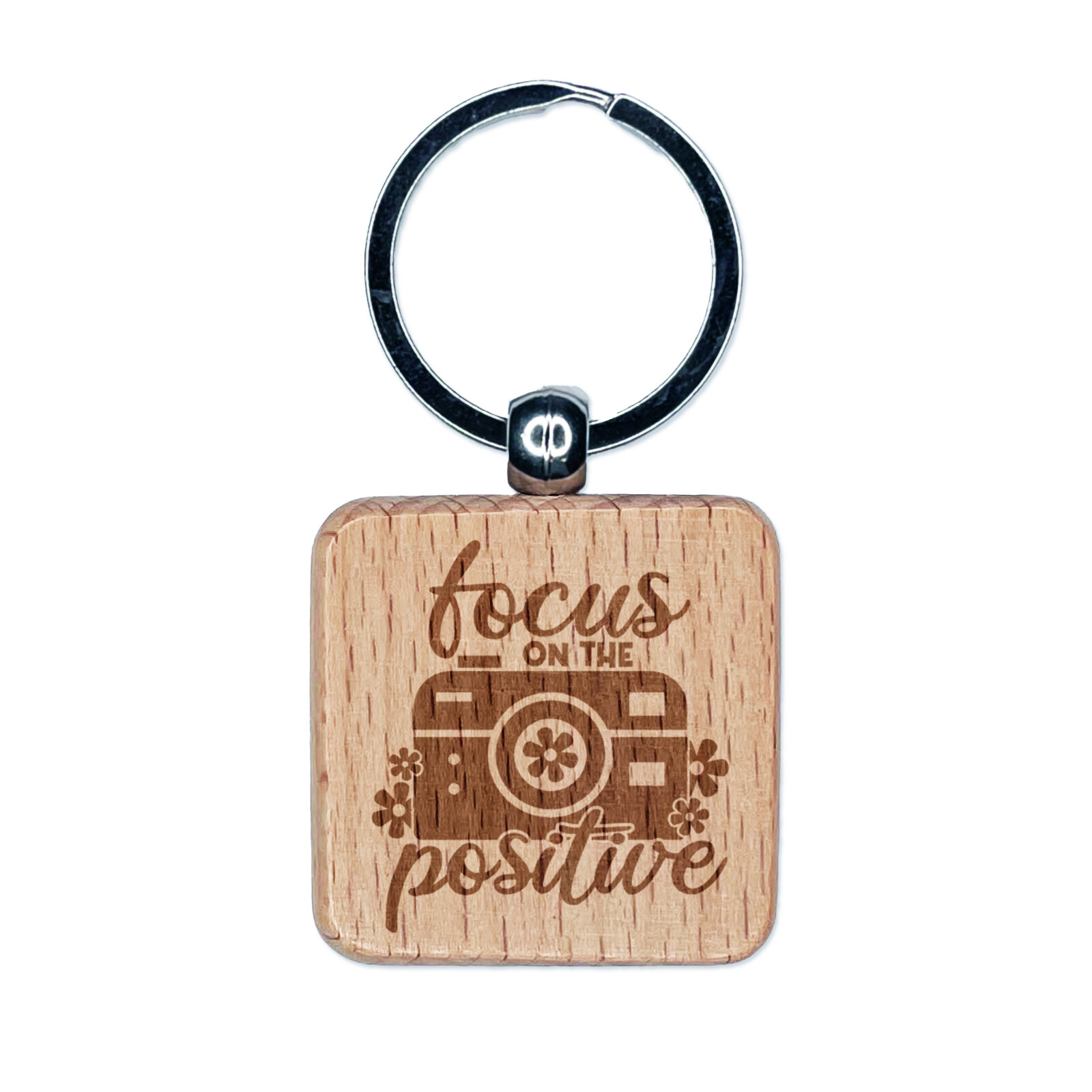 Positive Vibes Camera Pun Engraved Wood Keychain Charm