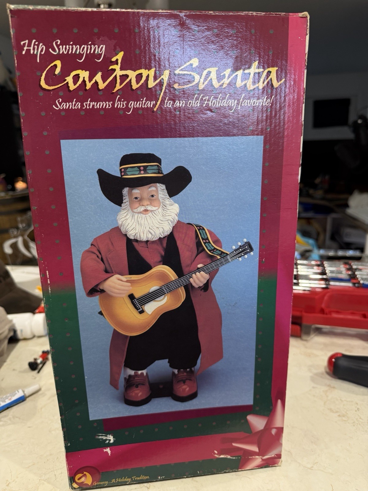 Christmas Animated Hip Swinging 16" Cowboy Santa Claus w/Guitar With Box
