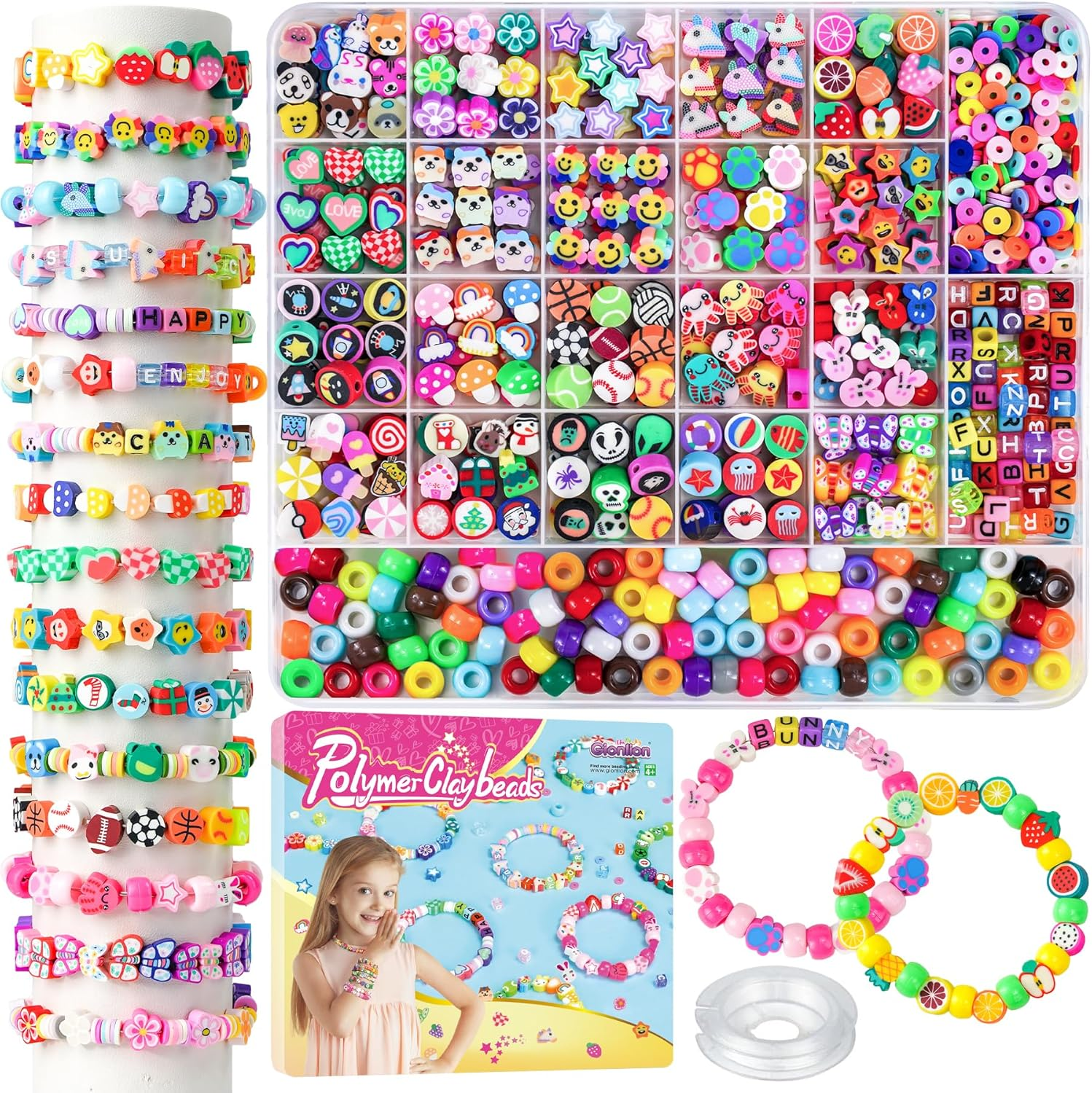 1200 Pcs Polymer Clay Beads Kit for DIY Bracelets - 25 Animal Fruit Flower Designs