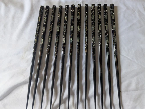 1960's Japanese Vintage Black Lacquer Abalone Inlay Chopsticks 6 pair/12 sticks